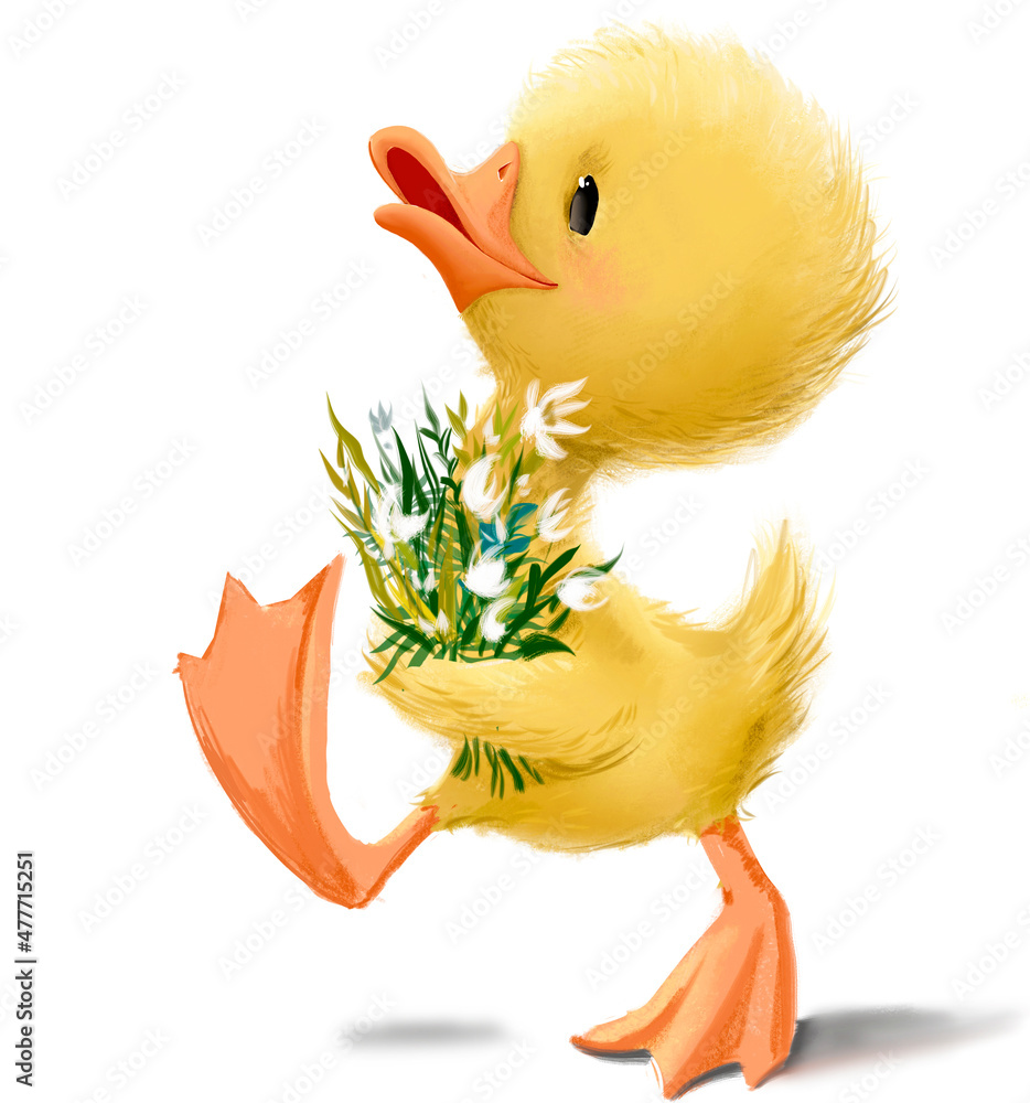 Cute duckling with floral bouquet - obrazy, fototapety, plakaty 