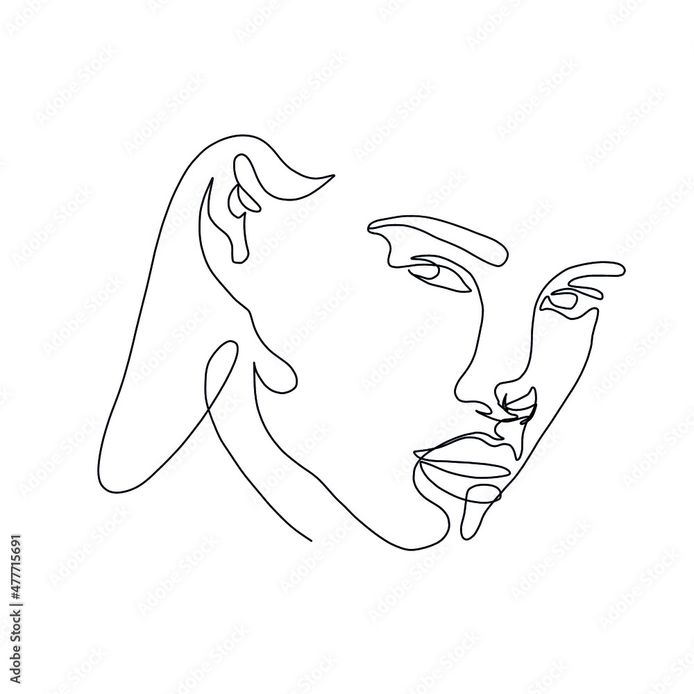 One line woman portrait. Hand drawn abstract face.  Minimal art. Trendy style. 