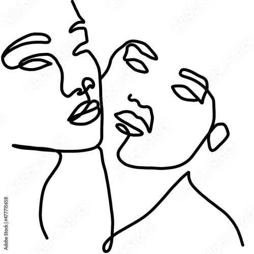 One line drawing two woman faces. Continuous line. Abstract hand drawn art. Simple black lines on white background. Design for tattoo, poster, t-shirt design. 