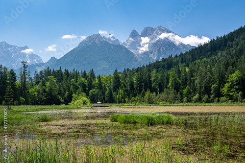 View of the idyllic Taubensee and the Hochkalter mountain range, Ramsau in summer, Bavaria, Germany