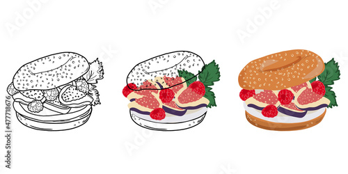Set of bagel sandwich isolated on white background with cream cheese, figs, raspberries and mint. Linear style. Hand-drawn. Doodle. For web design, icons, packaging, menu or interior design.