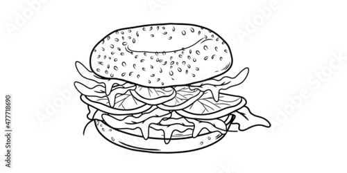 Bagel sandwich with salmon, cream cheese and arugula isolated on white background. Linear style. Hand-drawn. Doodle. For web design, icons, packaging, menu or interior design.