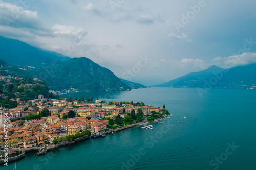 Aerial view of Menaggio village on a coast of Como lake, Italy on a cloudy day