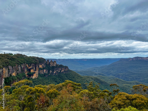 The Three Sisters rocks at Blue Mountains with view of dark clouds covering the rainforest trees, Sydney Australia.