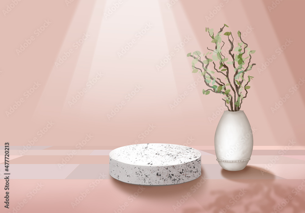 Stone podium. Exhibition stand of cosmetic products. Vase with a branch and green leaves. 3D rendering. Peach backdrop