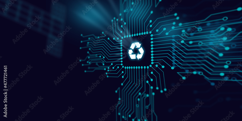 Recycling Symbol is Reflecting Over Futuristic Electronic Circuit