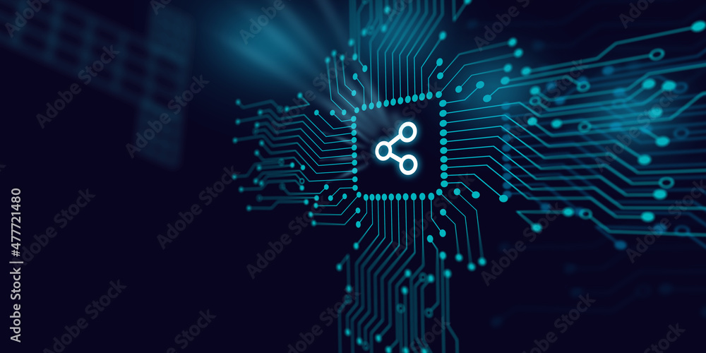Social Media Share Symbol is Reflecting Over Futuristic Electronic Circuit Social Media Share Symbol is Reflecting Over Futuristic Electronic Circuit