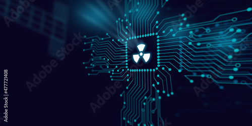 Nuclear Symbol is Reflecting Over Futuristic Electronic Circuit