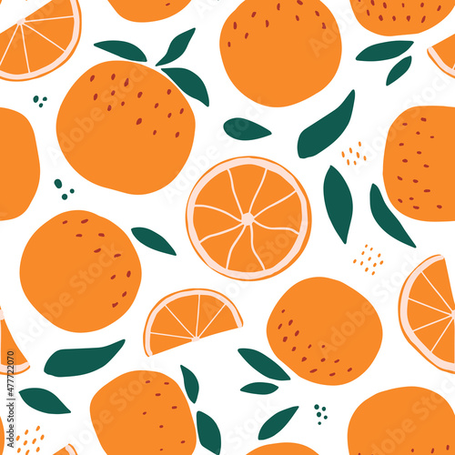 Fototapeta Naklejka Na Ścianę i Meble -  seamless pattern with oranges on white background. Good for wrapping paper, textile prints, scrapbooking, wallpaper, stationary, backgrounds, product packaging, etc. EPS 10