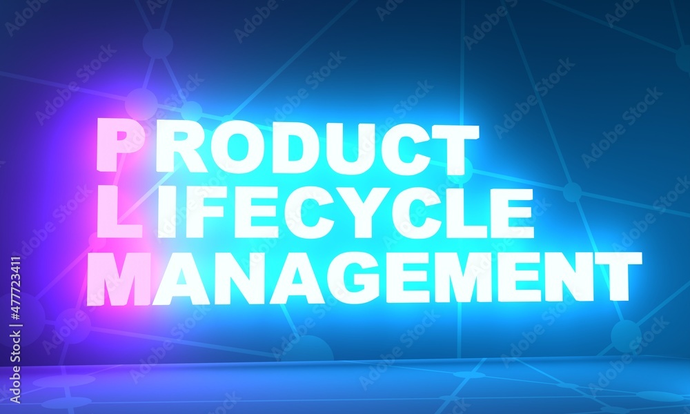 PLM - Product Lifecycle Management acronym. Neon shine letters. 3D Render