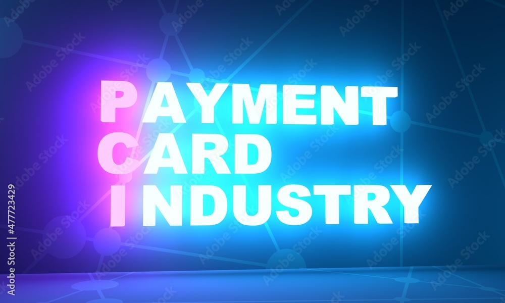 PCI - Payment Card Industry acronym. Neon shine text. 3D Render