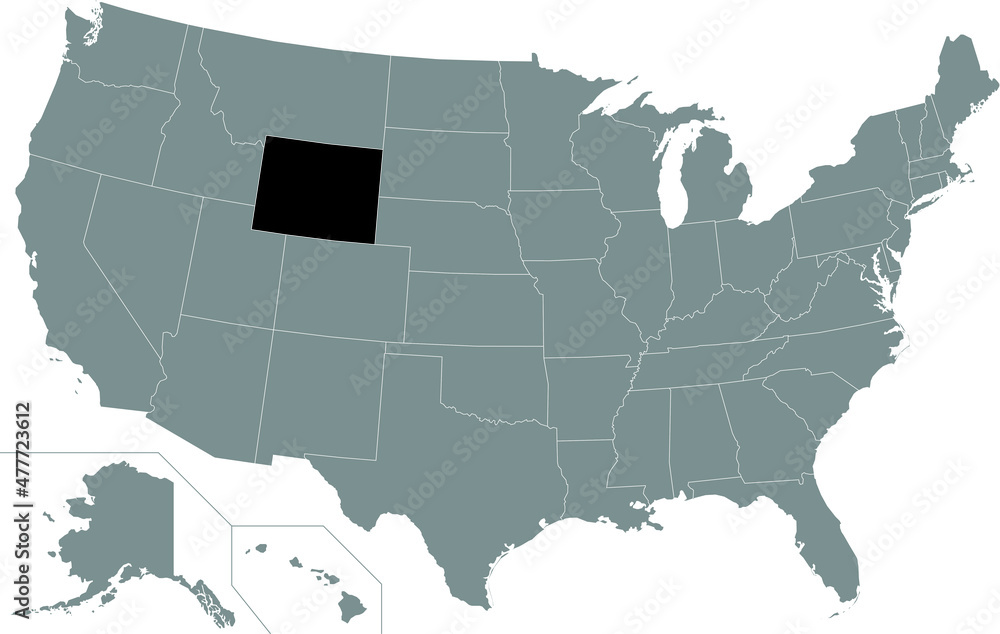 Black highlighted location administrative map of the US Federal State of Wyoming inside gray map of the United States of America