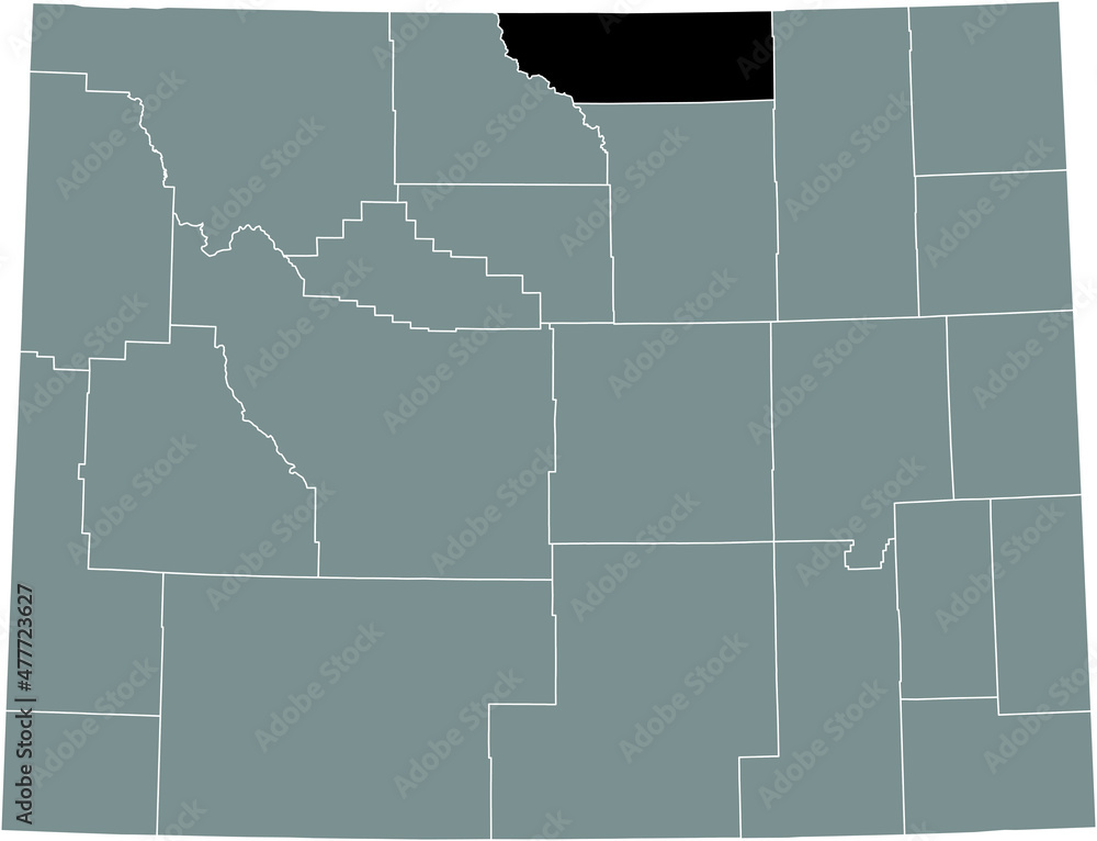 Black highlighted location map of the Sheridan County inside gray administrative map of the Federal State of Wyoming, USA Black highlighted location map of the Sheridan County inside gray administrative map of the Federal State of Wyoming, USA