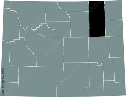 Black highlighted location map of the Campbell County inside gray administrative map of the Federal State of Wyoming, USA