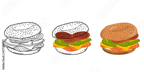 Set bagels sandwich with salmon, cheese, tomato and avocado isolated on white background. Linear style. Hand-drawn. Doodle. For web design, icons, packaging, menu or interior design.