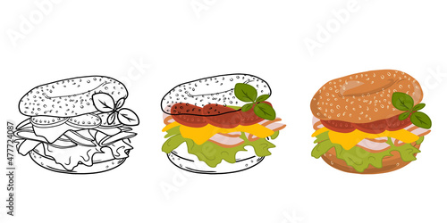 Set Bagel sandwich with cheese, ham, tomato, basil and lactuca sativa isolated on white background. Linear style. Hand-drawn. Doodle. For web design, icons, packaging, menu or interior design.