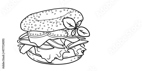 Bagel sandwich with ham, cheese, tomato, basil and lactuca sativa isolated on white background. Linear style. Hand-drawn. Doodle. For web design, icons, packaging, menu or interior design.