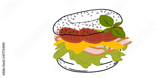 Bagel sandwich with cheese, ham, tomato, basil and lactuca sativa isolated on white background. Linear style. Hand-drawn. Doodle. For web design, icons, packaging, menu or interior design.
