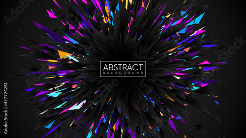 Abstract futuristic black explosion with colorful sharp triangles. Mystical background with broken dark geometric triangular shapes. Vector illustration