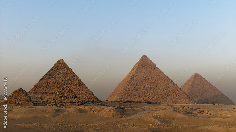 Desert view of the Great Pyramids of Giza in Egypt