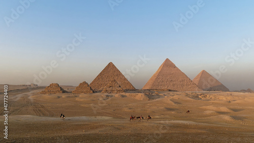 Desert view of the Great Pyramids of Giza in Egypt