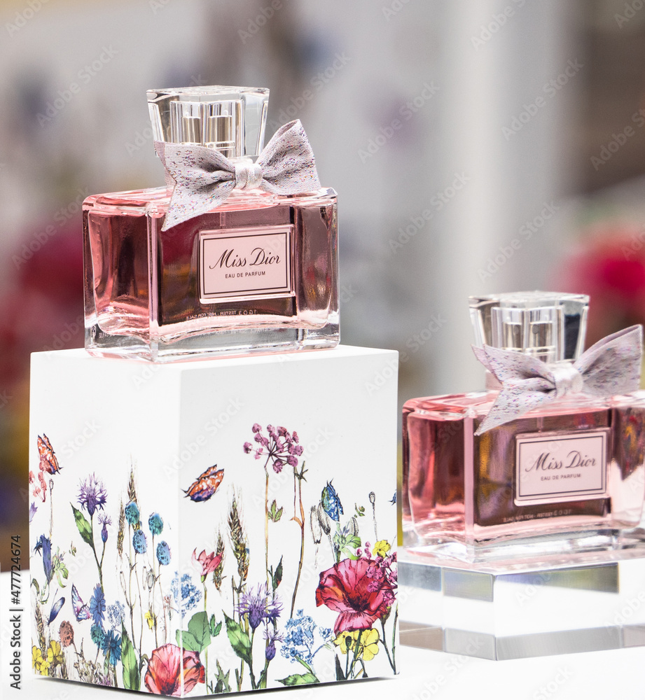 Bottle of Miss Dior eau de parfume, a new fragrance with a sensual floral scent. Stock Adobe Stock