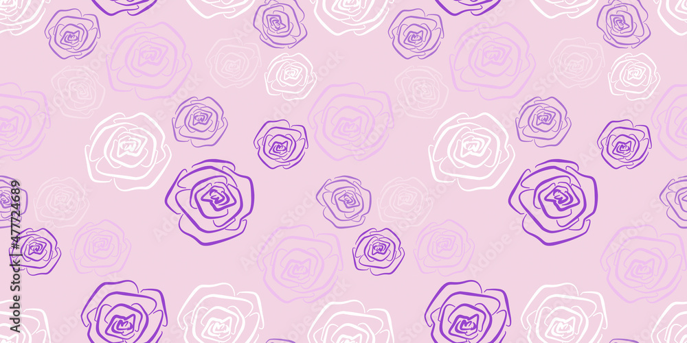 Floral spring Seamless Patterns with packaging and scrapbooking. White and violet line art Roses Flower on pink Background