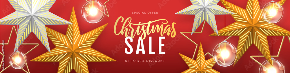 Fototapeta premium Winter sale poster with christmas holiday decorations. Christmas and New Year background. Vector illustration