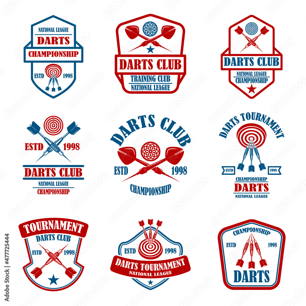 Set of emblems with darts. Design element for logo, label, sign, emblem. Vector illustration