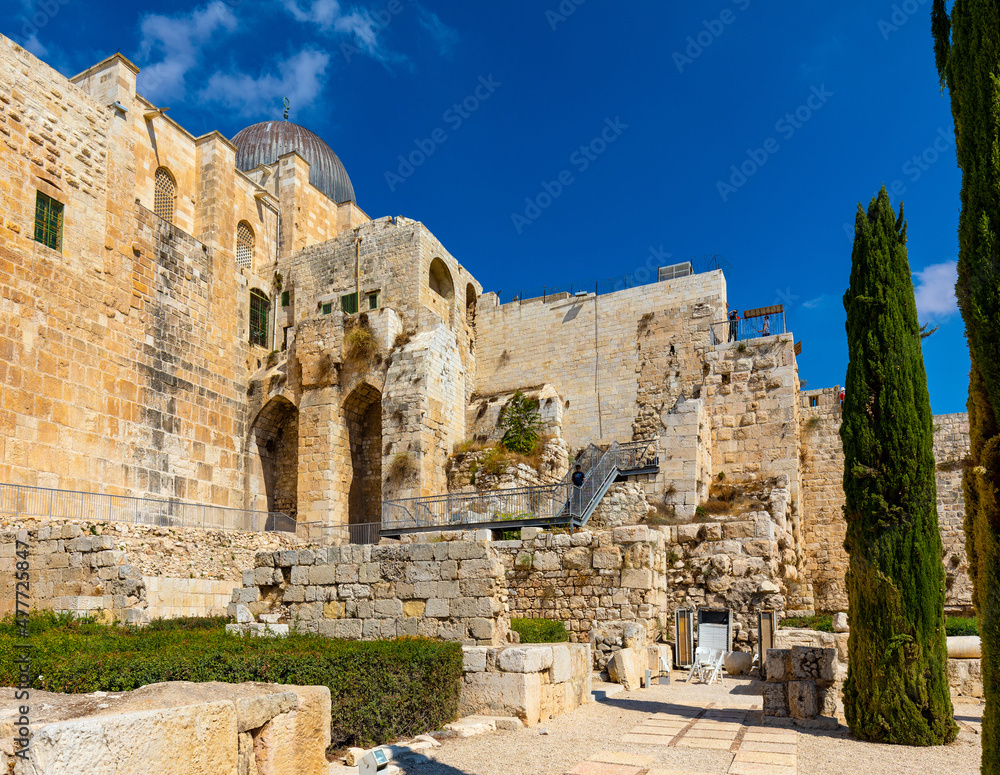 Umayyad Palace Garden archeological park at south wall of Temple Mount and Al-Aqsa Mosque in Jerusalem Old City in Israel