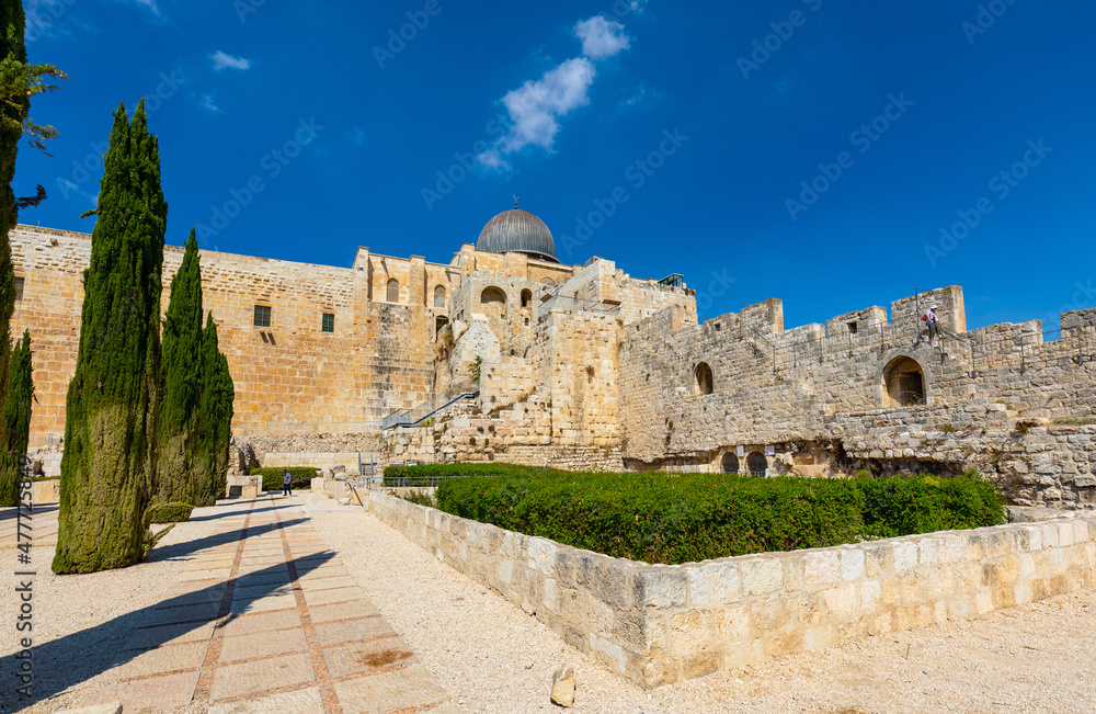 Umayyad Palace Garden archeological park at south wall of Temple Mount and Al-Aqsa Mosque in Jerusalem Old City in Israel