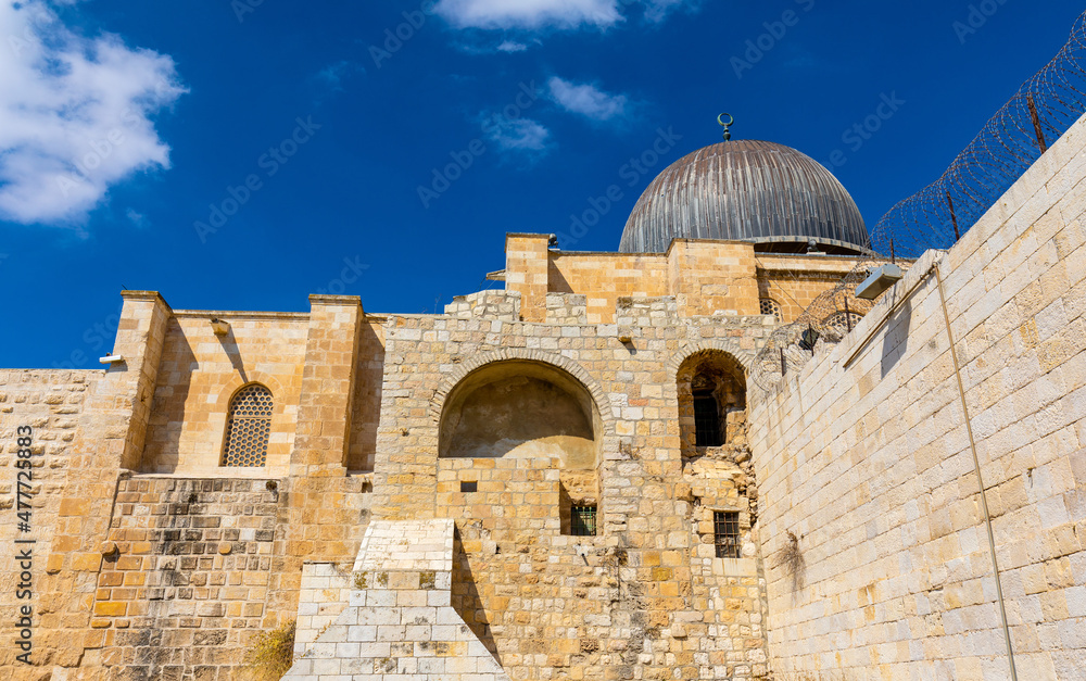 South wall of Temple Mount and Al-Aqsa Mosque overlooking Umayyad Palace Garden archeological park at in Jerusalem Old City in Israel