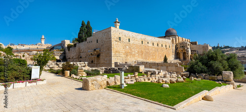 South-eastern corner of Temple Mount walls with Al-Aqsa Mosque and Davidson Center excavation archeological park in Jerusalem Old City in Israel