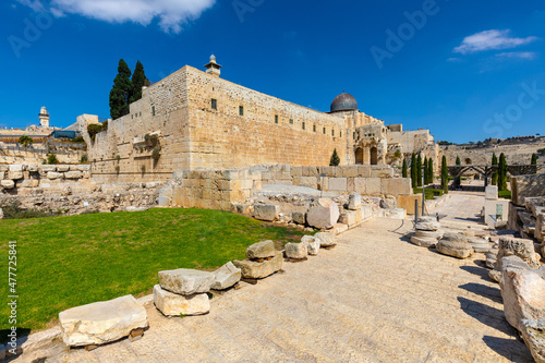 South-eastern corner of Temple Mount walls with Al-Aqsa Mosque and Davidson Center excavation archeological park in Jerusalem Old City in Israel photo