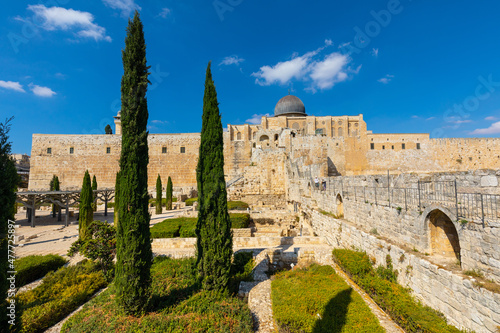 Umayyad Palace Garden archeological park at south wall of Temple Mount and Al-Aqsa Mosque in Jerusalem Old City in Israel