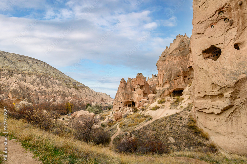 Zelve Valley in Goreme, Cappadocia, Turkey. Cave town and houses at rock formations.	
