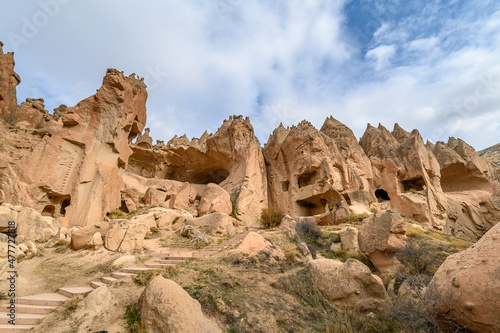 Zelve Valley in Goreme, Cappadocia, Turkey. Cave town and houses at rock formations. 
