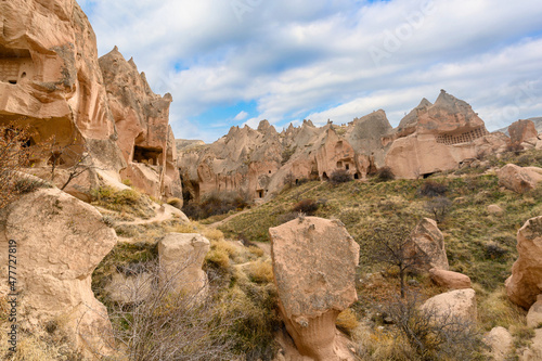 Zelve Valley in Goreme, Cappadocia, Turkey. Cave town and houses at rock formations. 