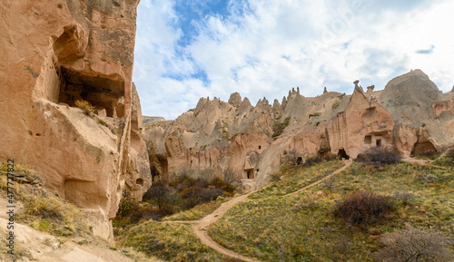 Zelve Valley in Goreme, Cappadocia, Turkey. Cave town and houses at rock formations.	 photo