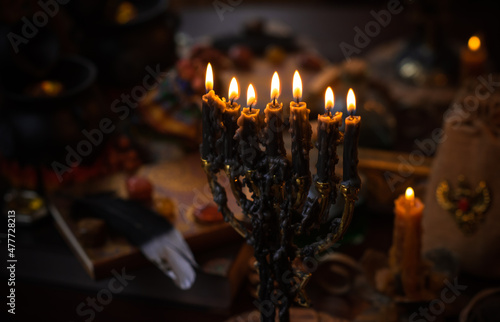 Magic scene, Mystical atmosphere, view of candles on the table, esoteric concept, fortune telling and predictions
