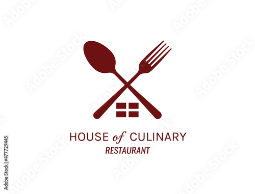 Silhouette of a fork and spoon with the addition of shapes such as windows and roofs for a restaurant logo