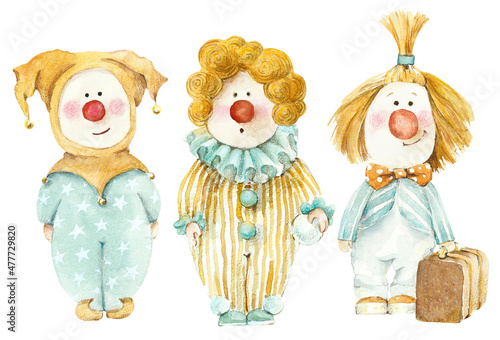 Three red-haired clowns. Happy circus. Watercolor hand drawn illustration