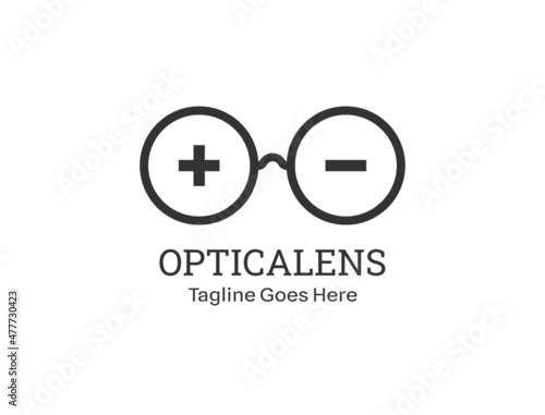 Glasses with lenses with minus and plus symbols for glasses and optics logo