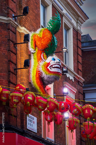 Photography Lunar new year decorations on a building in Londons china town district
