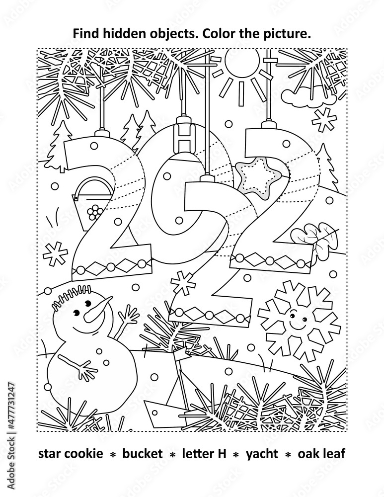 Year 2022 hidden objects, or seek and find, picture puzzle and coloring page activity sheet
