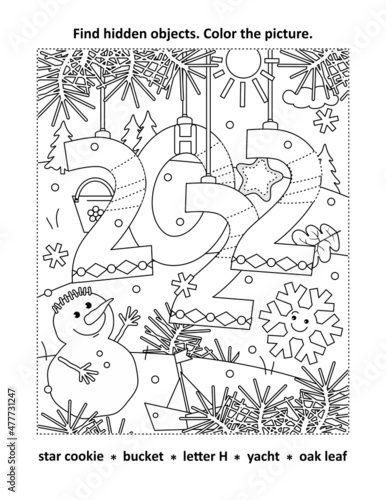 Year 2022 hidden objects  or seek and find  picture puzzle and coloring page activity sheet 