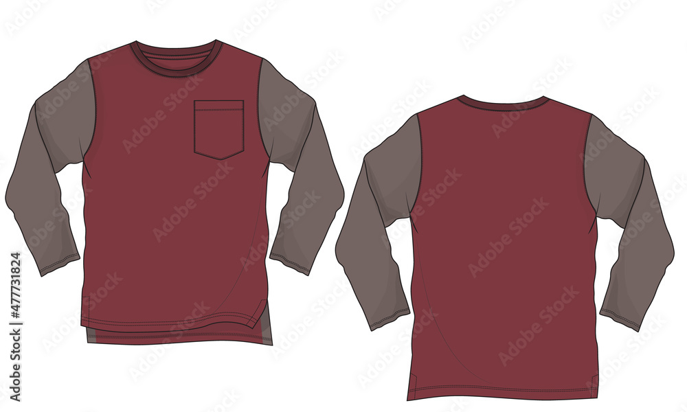 Two tone Red, Khaki Color Long Sleeve With Pocket T shirt Technical Fashion Flat Sketch Vector Illustration Template Front and back views. Apparel Clothing Design Mock up Men's Unisex Cad. Two tone Red, Khaki Color Long Sleeve With Pocket T shirt Technical Fashion Flat Sketch Vector Illustration Template Front and back views. Apparel Clothing Design Mock up Men's Unisex Cad.