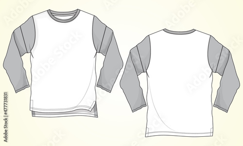 Two tone White, grey Long Sleeve basic T shirt Technical Fashion Flat sketch Vector Illustration Template Front And back views. Apparel design Mock up drawing illustration. Easy edit and customizable.
