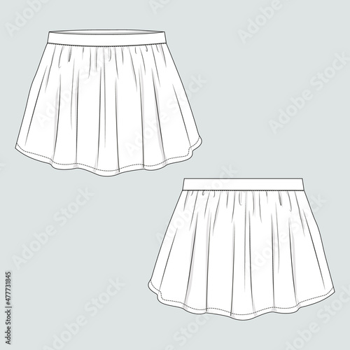 Female pleated skirt technical fashion  Flat sketch vector template Front and back view  isolated on a grey background. Clothing Design Mock up CAD Illustration.