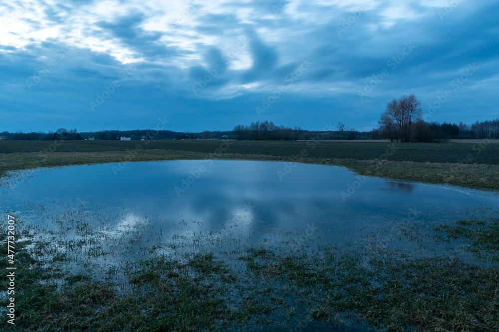 Fototapeta premium Water in the meadow and the cloudy sky